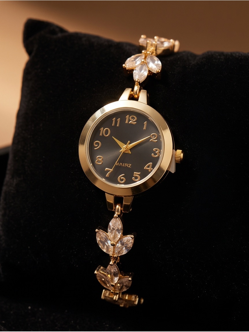 GoldTone Womens Bracelet Watch With Black Dial And Crystal Accents